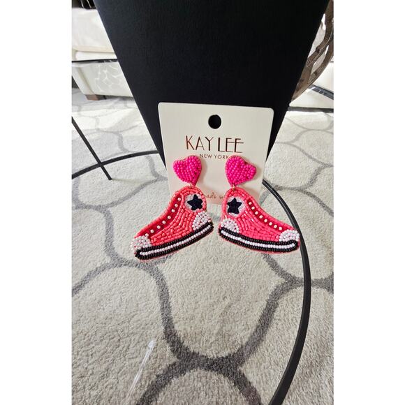 Kay Lee Pink Beaded Sneaker Earrings New - Picture 3 of 4